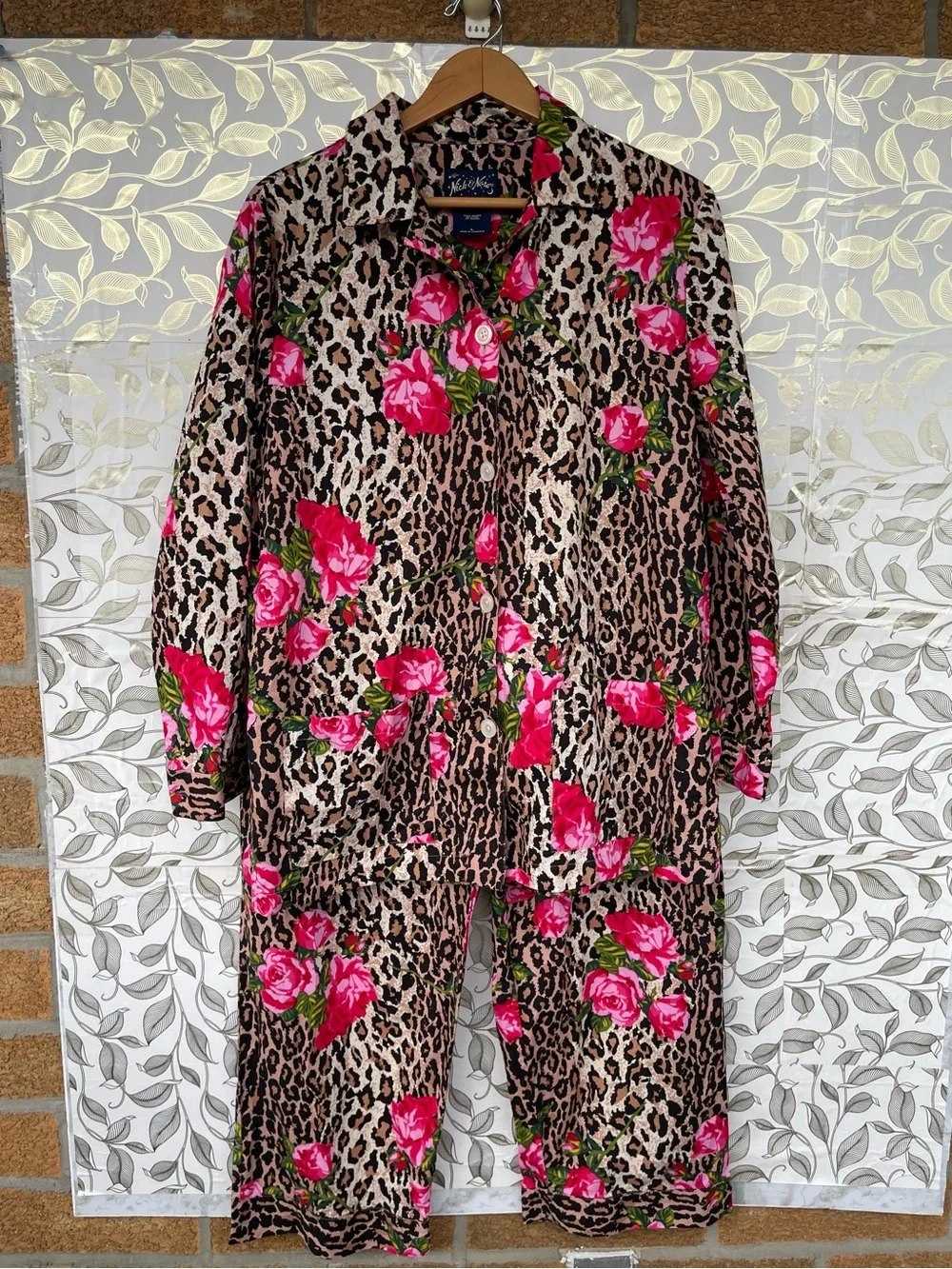Nick & Nora Leopard Rose Pajama Set Large Whimsigoth 100% Cotton PJ Lounge